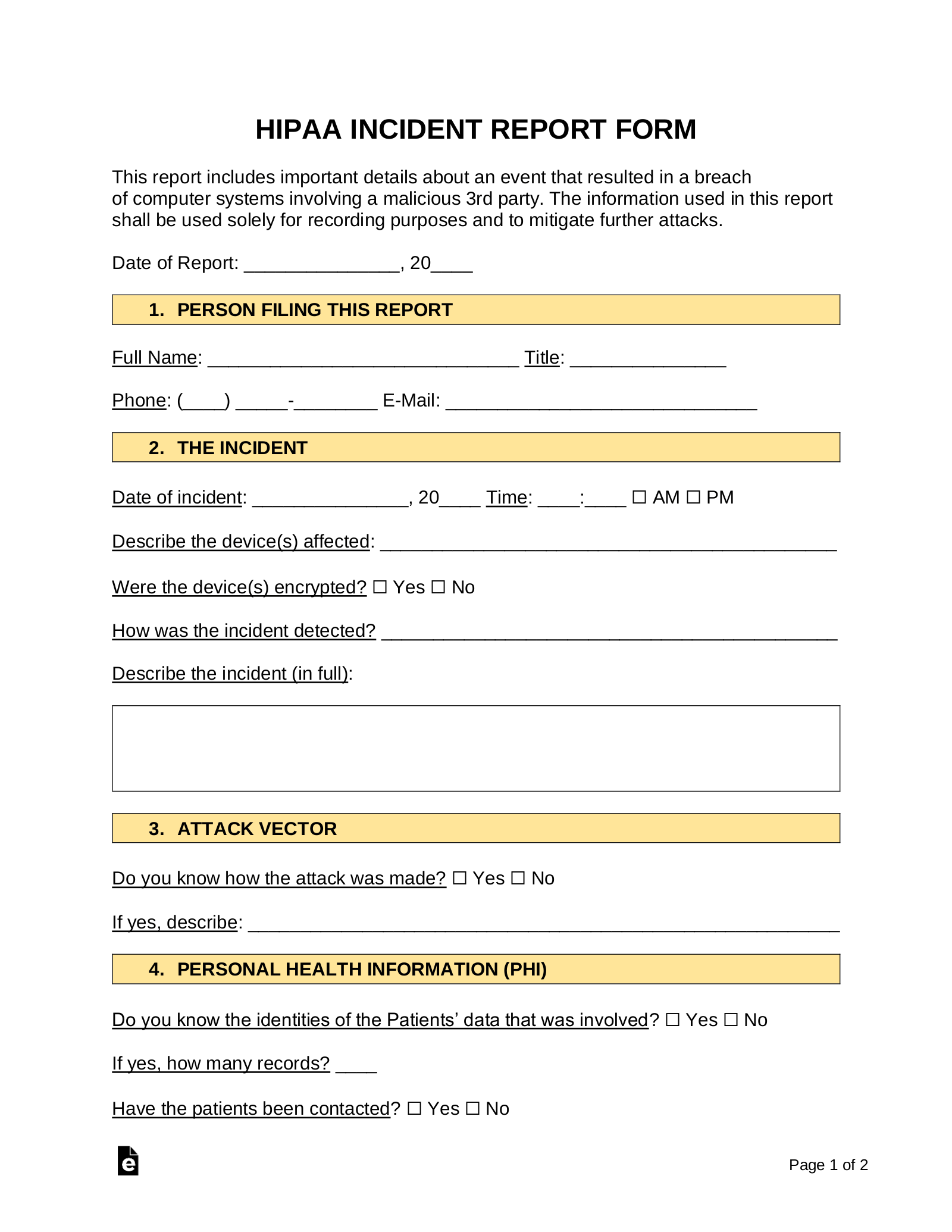 Free Incident Report Templates (10)  Sample - PDF  Word – eForms Intended For Incident Report Form Template Doc