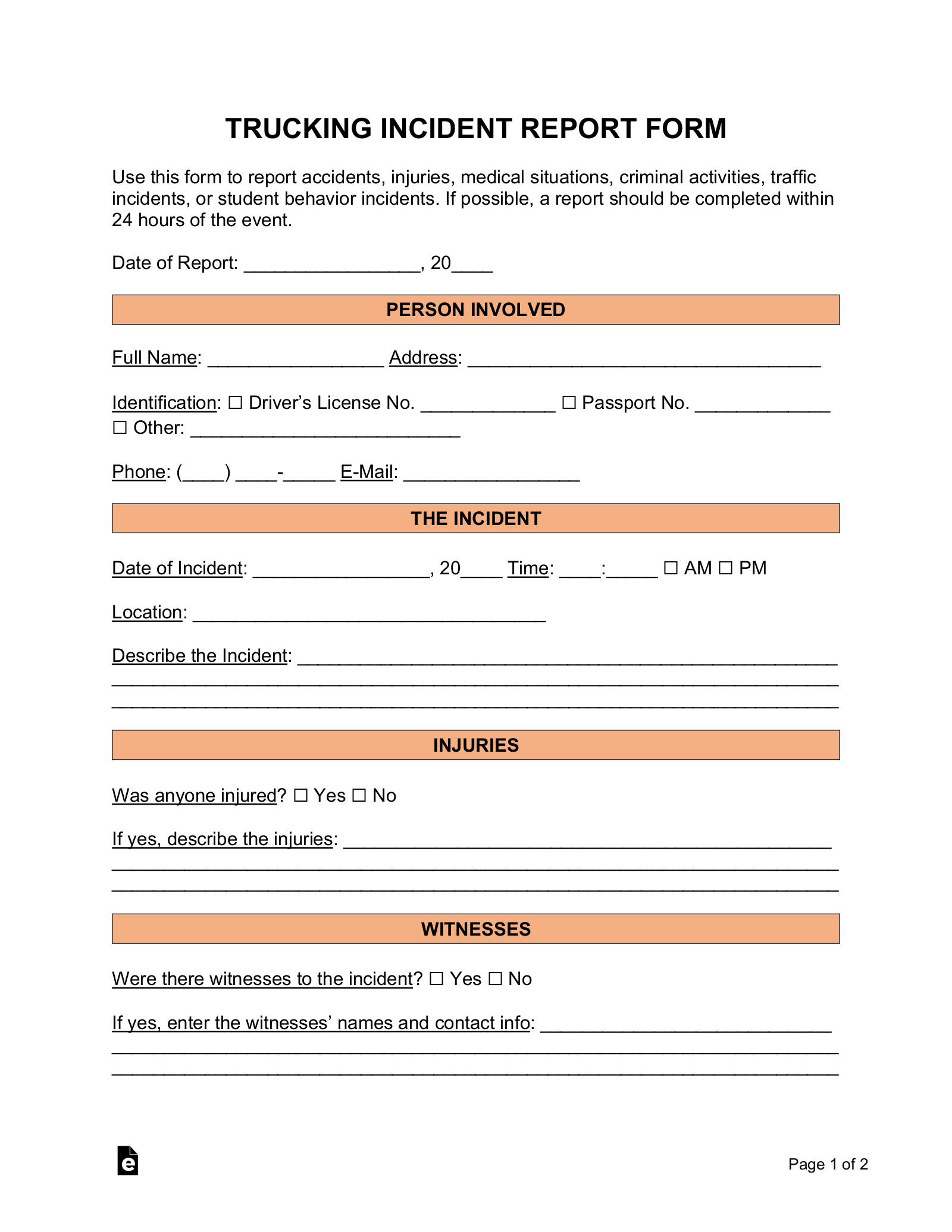 Free Incident Report Templates (10)  Sample – PDF  Word – EForms Intended For Incident Report Form Template Word