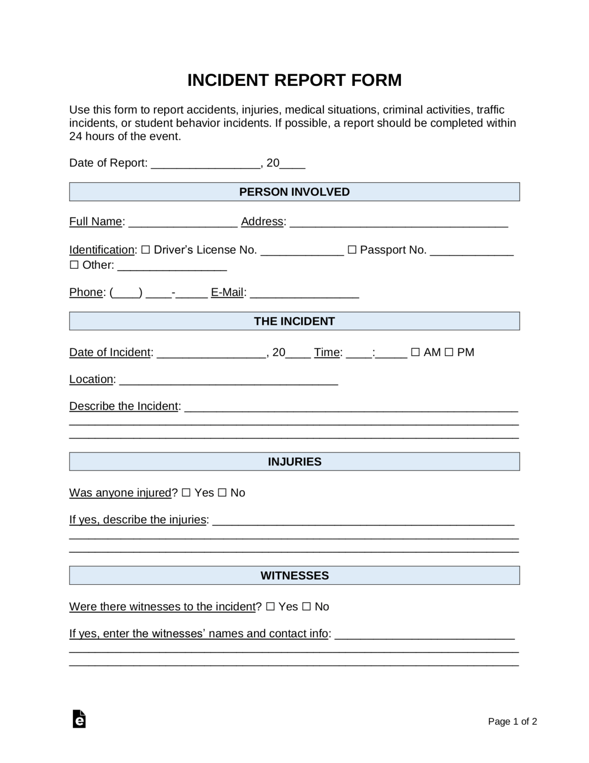 Free Incident Report Templates 10 Sample Pdf Word Eforms With