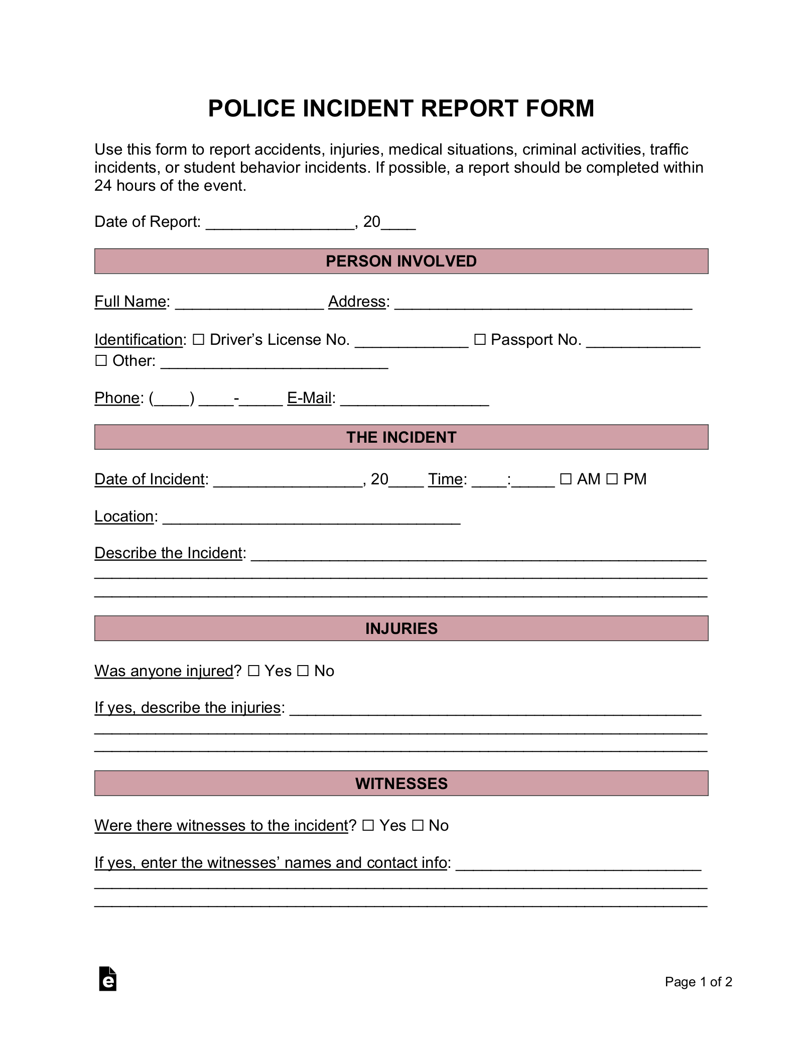 Free Incident Report Templates (10)  Sample - PDF  Word – eForms With Regard To Police Incident Report Template