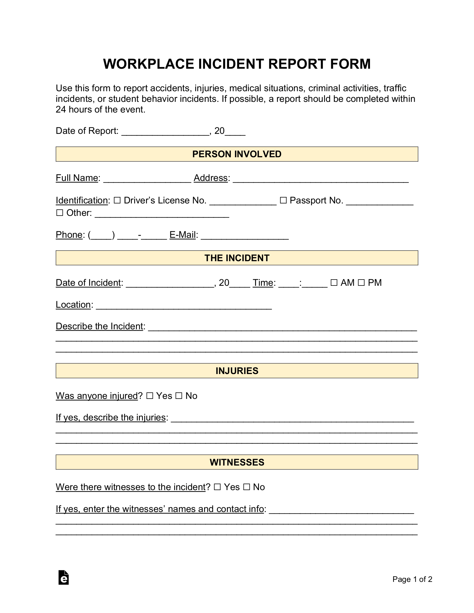 Free Incident Report Templates (10)  Sample - PDF  Word – eForms With Regard To Workplace Investigation Report Template