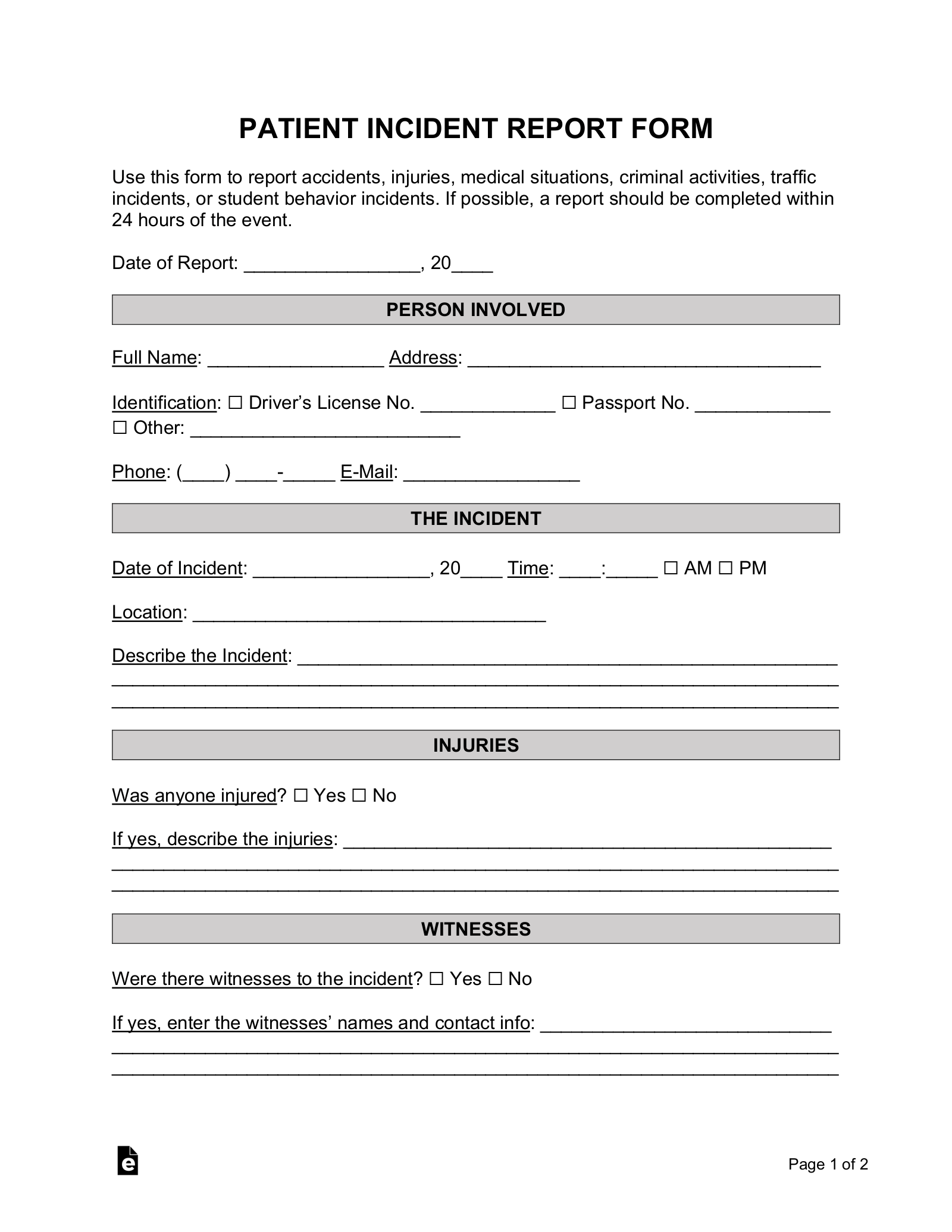 Free Incident Report Templates (10)  Sample - PDF  Word – eForms Within Patient Report Form Template Download