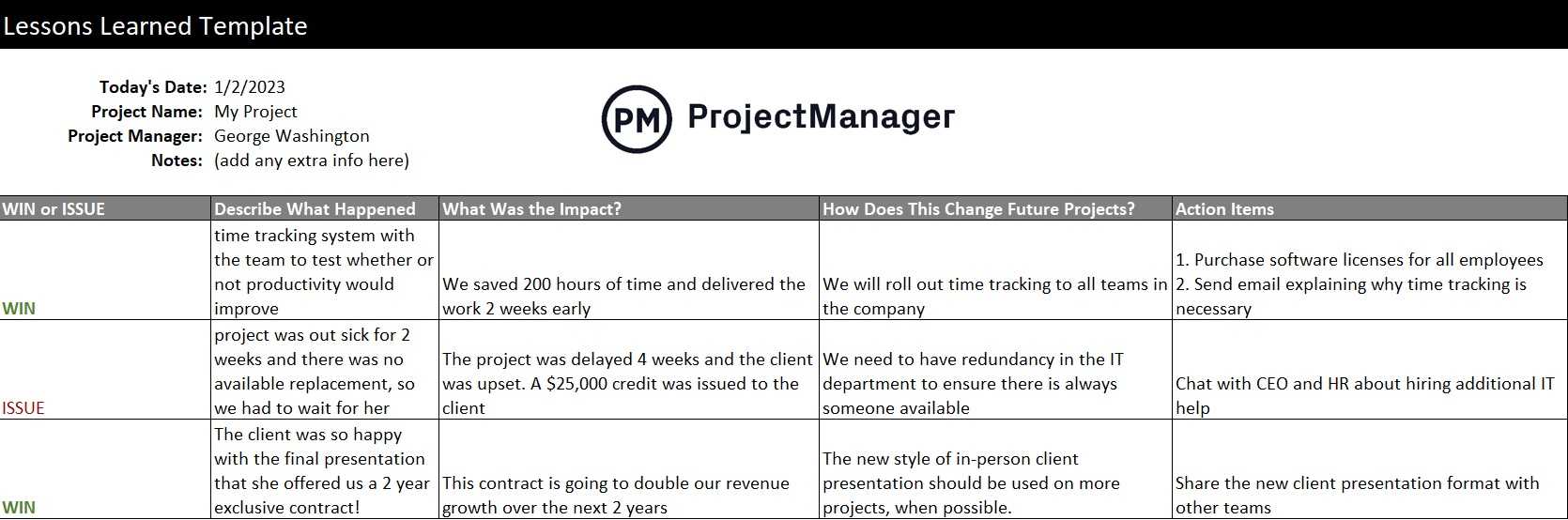 Free Lessons Learned Template for Excel - ProjectManager With Regard To Lessons Learnt Report Template Free Lessons Learned Template for Excel - ProjectManager With Regard To Lessons Learnt Report Template