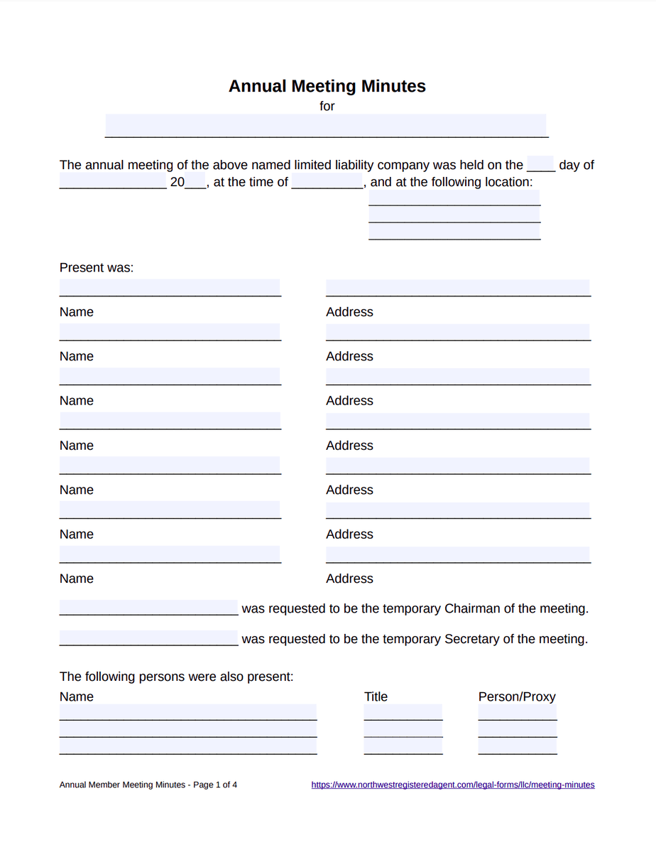 Free LLC Annual Meeting Minutes  Northwest Registered Agent Pertaining To Llc Annual Report Template