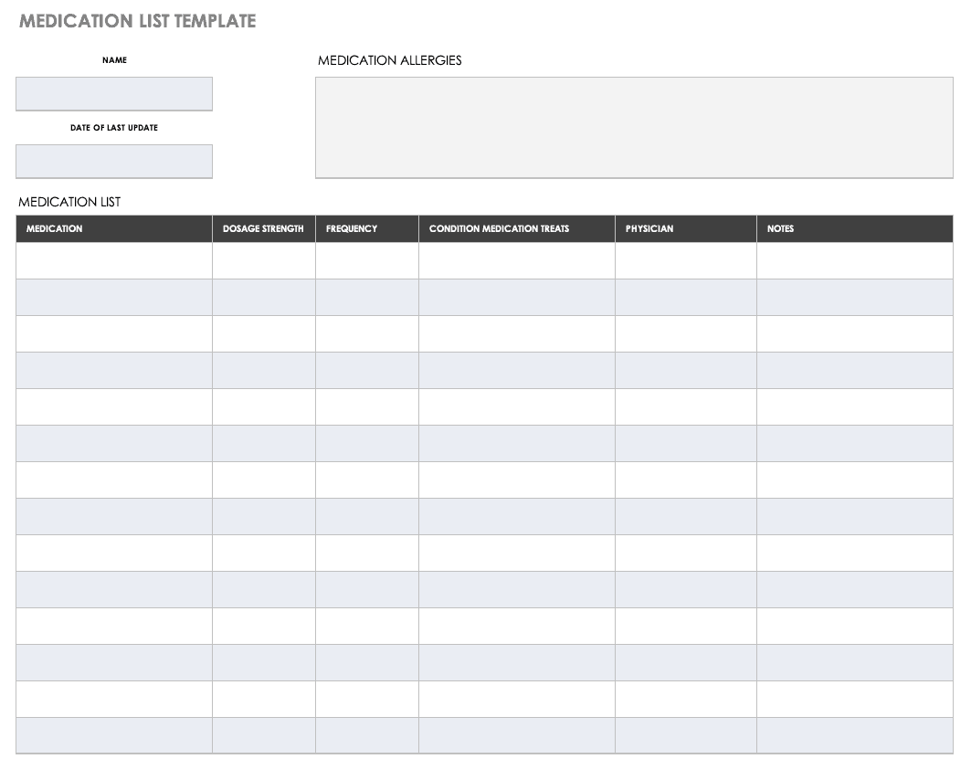 Free Medical Form Templates  Smartsheet Regarding Blank Medication List Templates