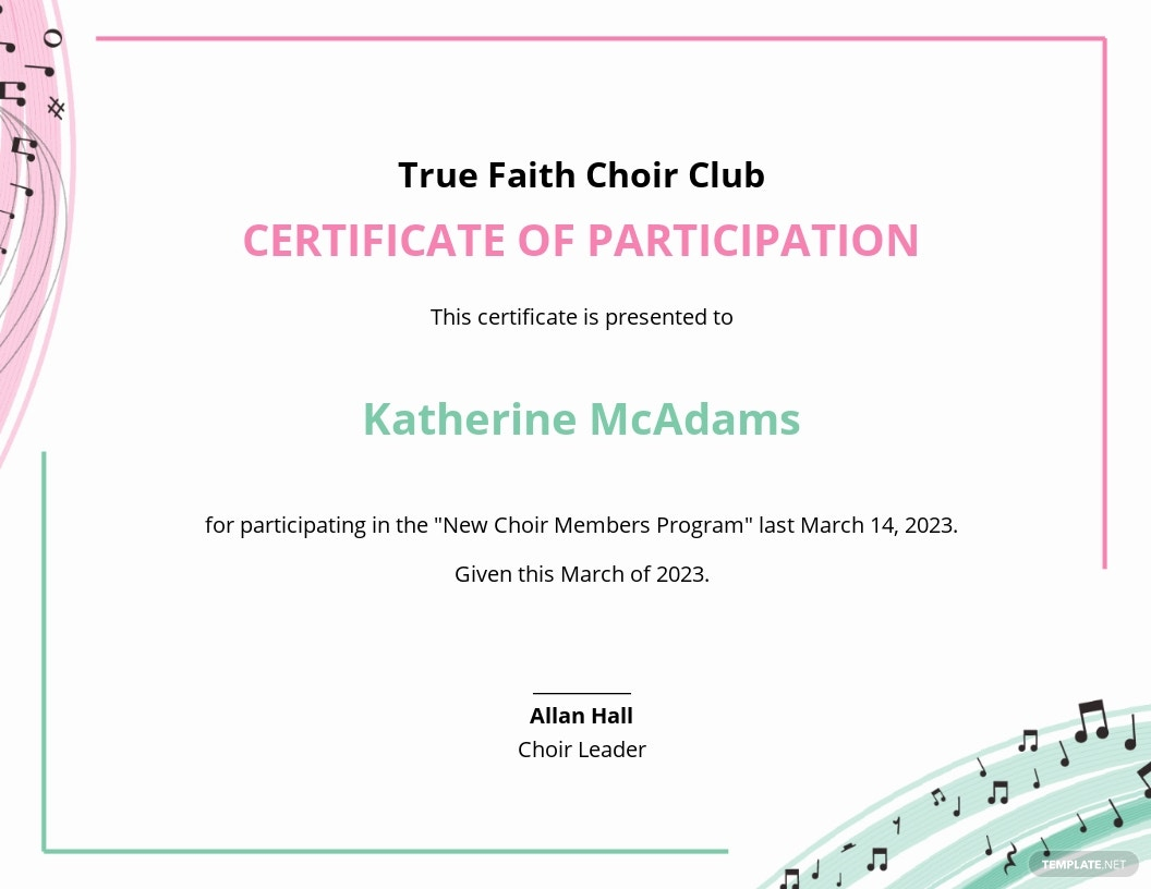 Free Music Participation Certificate Template - Word  Template