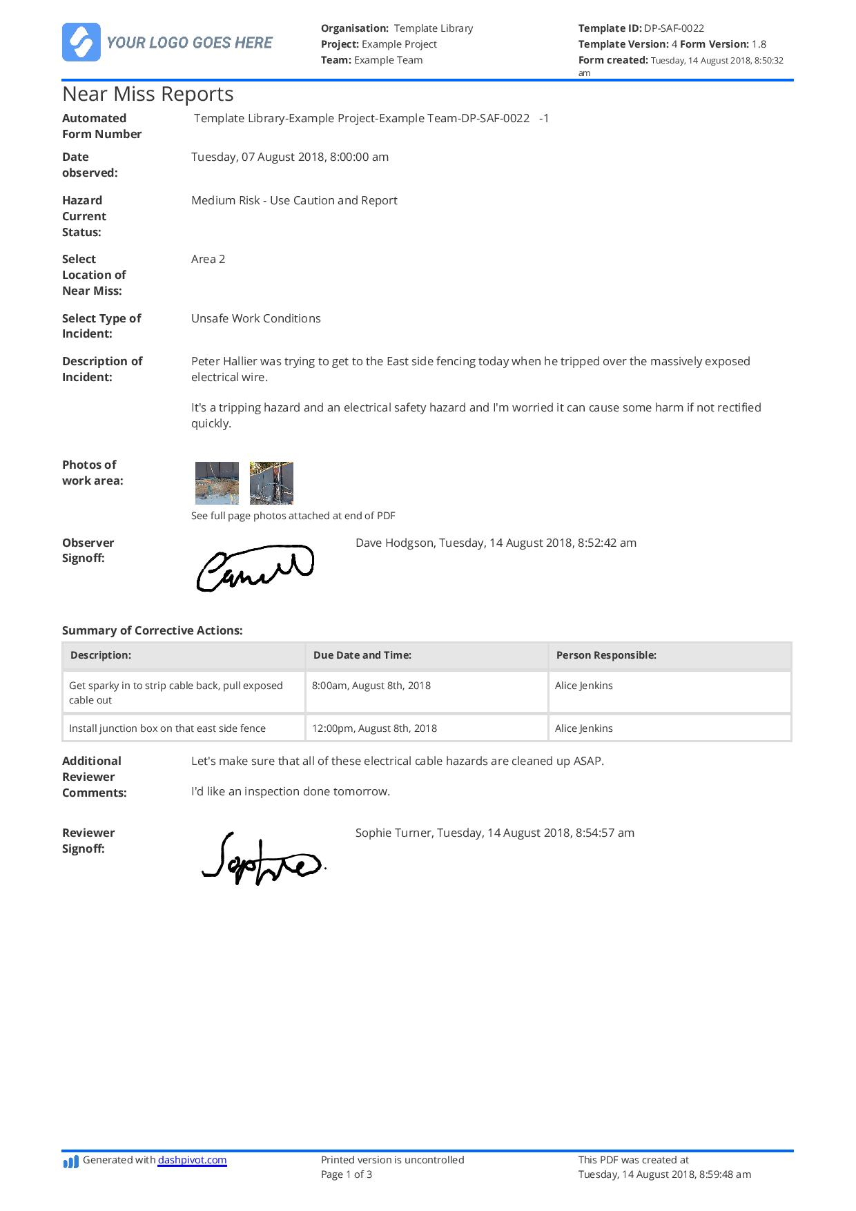 Free Near Miss Reporting template (easily customisable) For Near Miss Incident Report Template