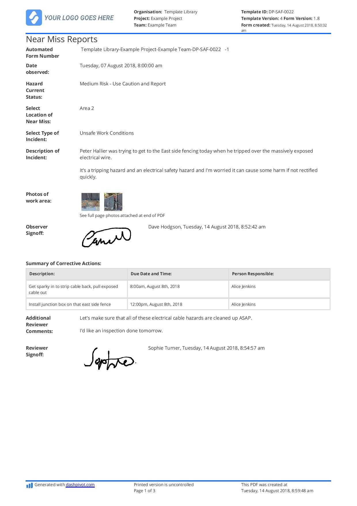 Free Near Miss Reporting Template (easily Customisable) For Near Miss Incident Report Template