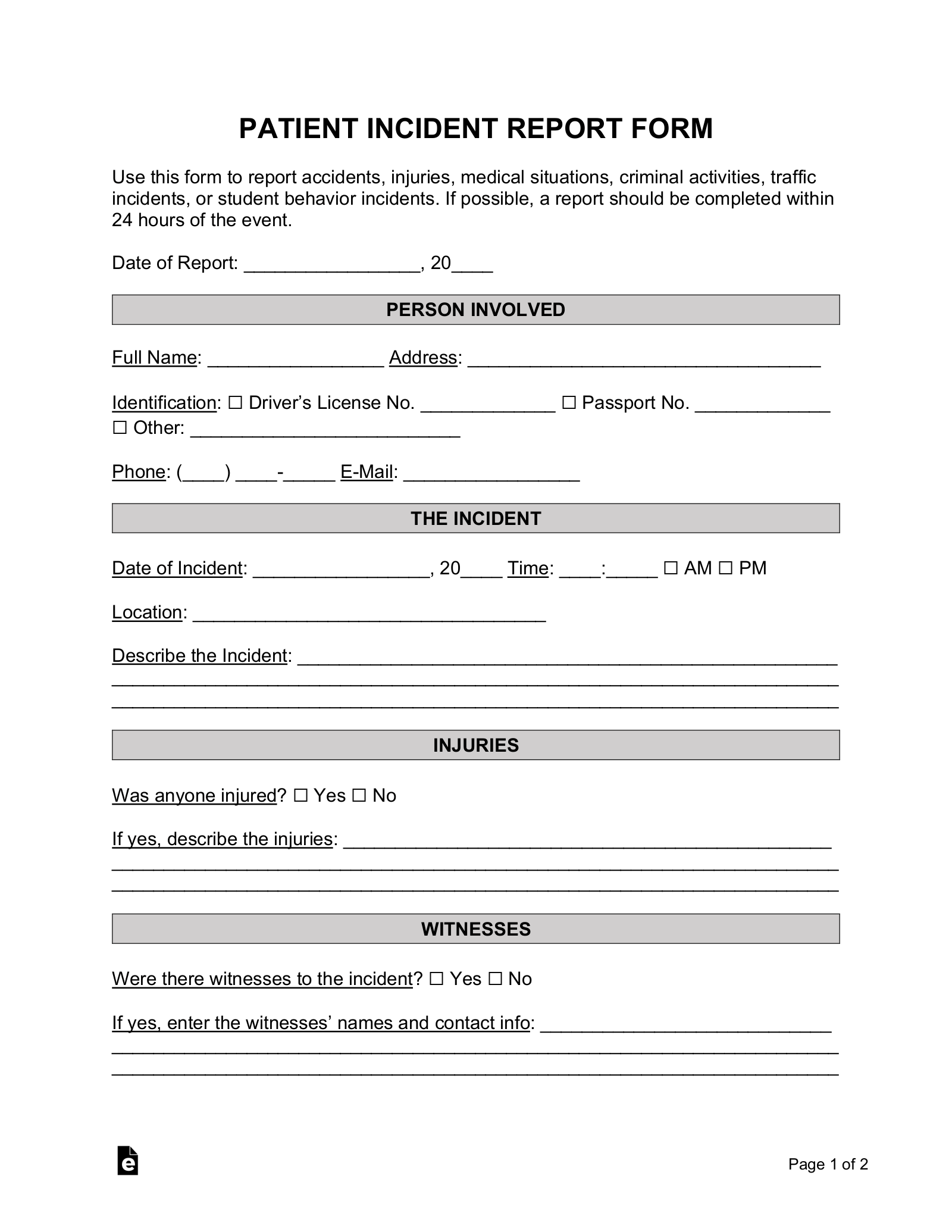 Free Patient (Medical) Incident Report Form – Word  PDF – EForms Intended For Health And Safety Incident Report Form Template
