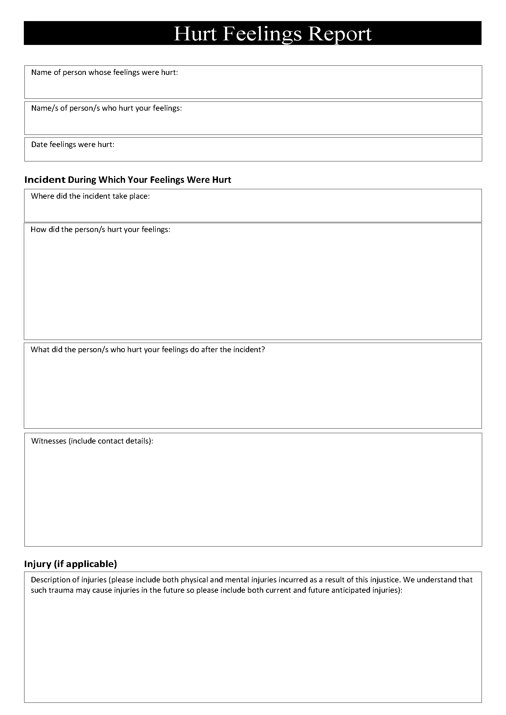 Free Printable and Editable Hurt Feelings Report PDF, Word or Image Within Hurt Feelings Report Template