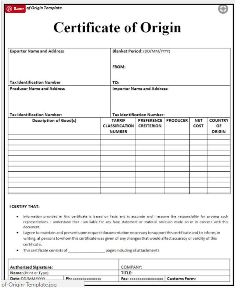 ?Free Printable Certificate of Origin Form Template [PDF,Word]? For Nafta Certificate Template