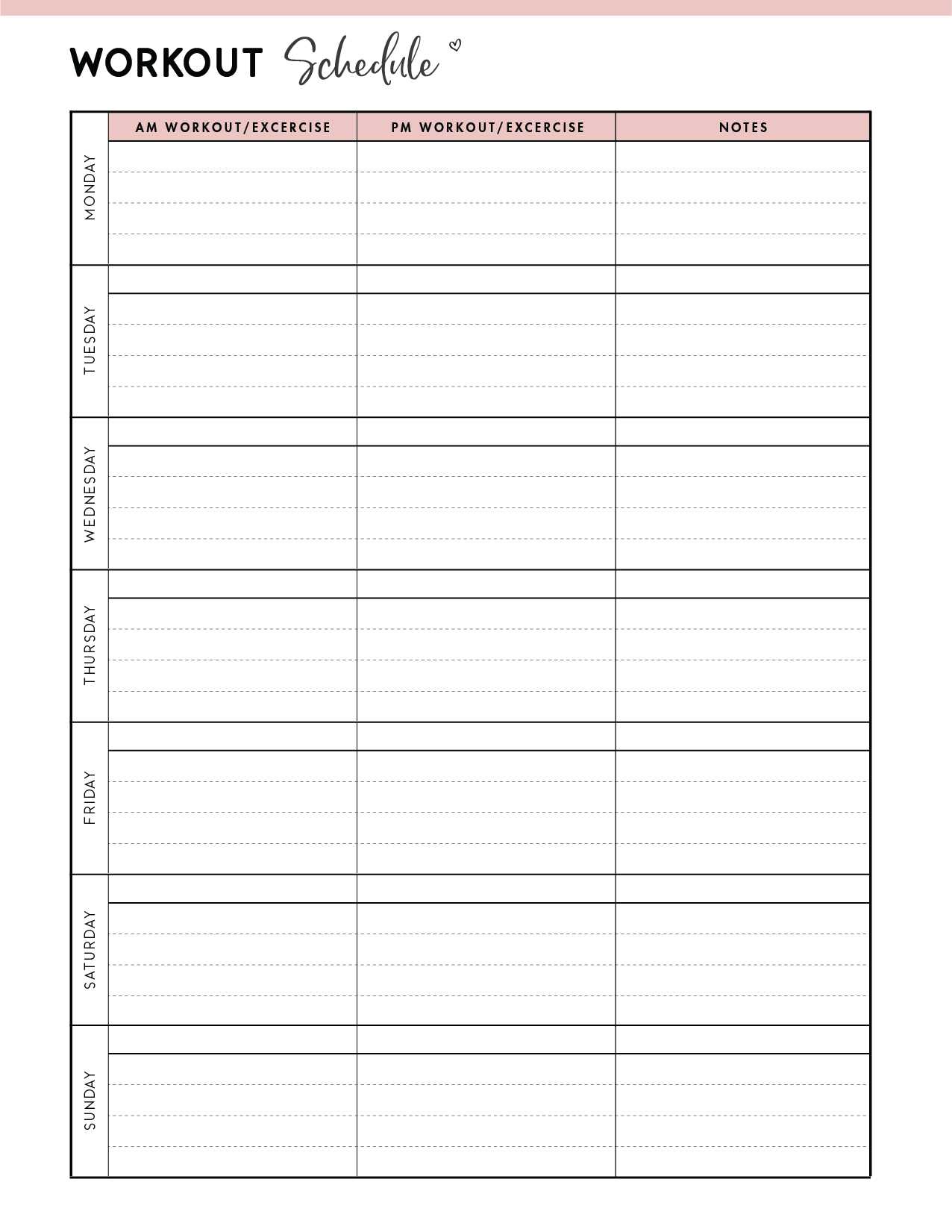 Free Printable Exercise Schedule Template – World Of Printables Inside Blank Workout Schedule Template