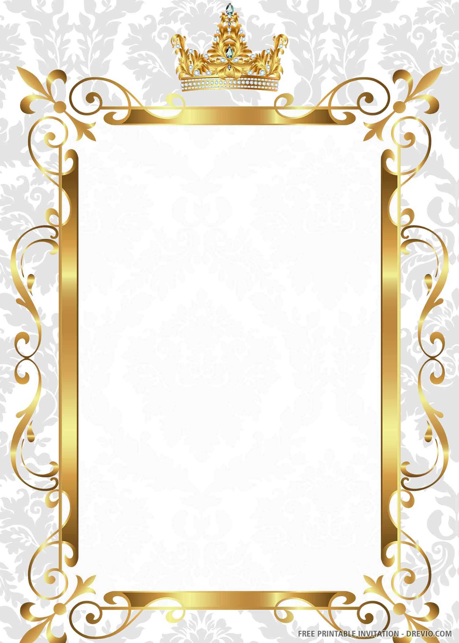 FREE PRINTABLE) – Gold Royal Wedding Invitation Templates  Pertaining To Blank Templates For Invitations