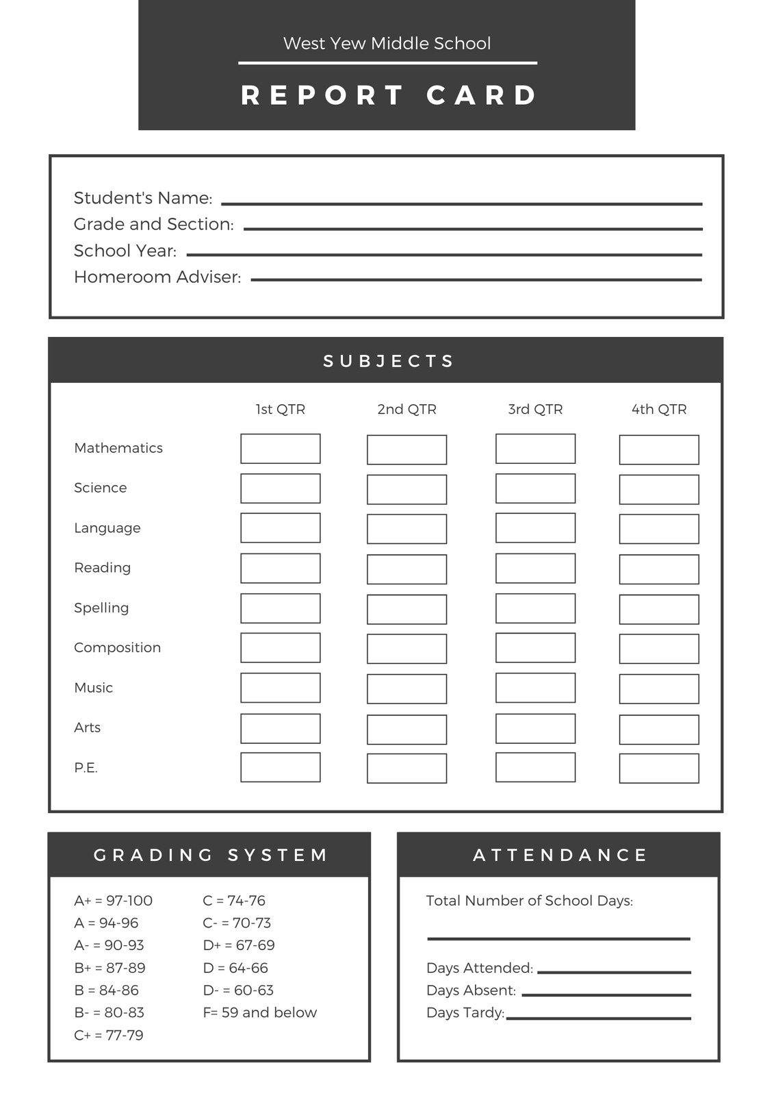 Free printable middle school report card templates  Canva For School Progress Report Template