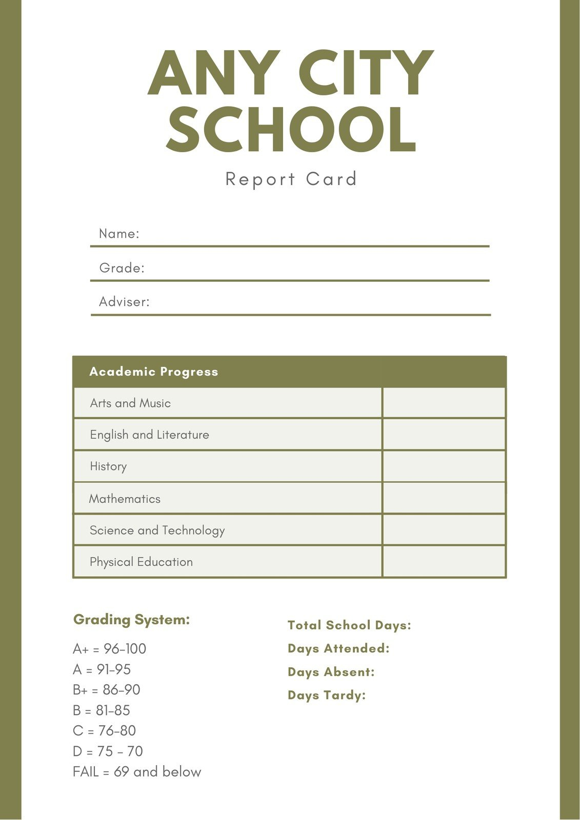 Free printable middle school report card templates  Canva In Middle School Report Card Template