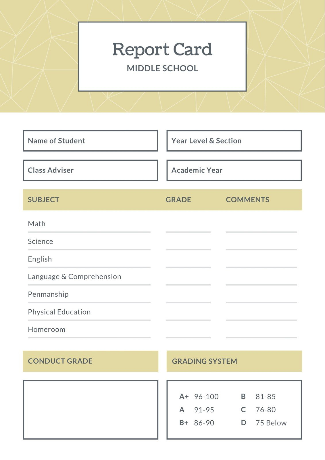 Free printable middle school report card templates  Canva With Regard To Middle School Report Card Template