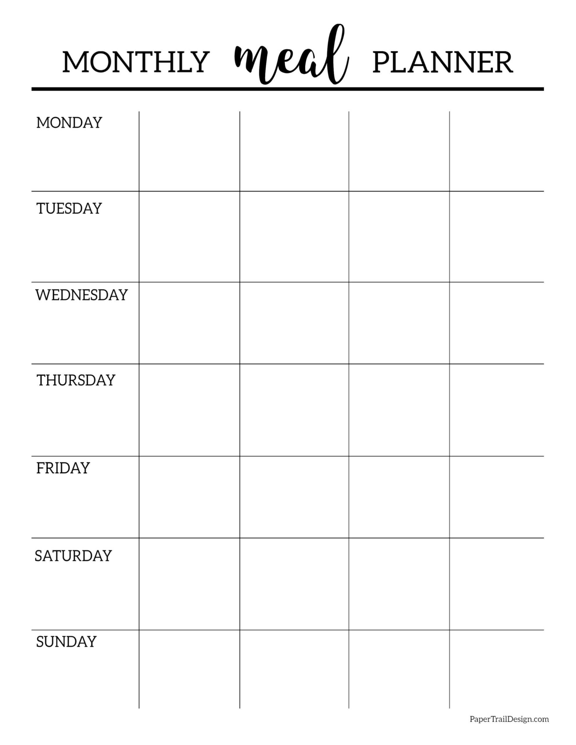 Free Printable Monthly Meal Planner Template – Paper Trail Design Pertaining To Blank Meal Plan Template