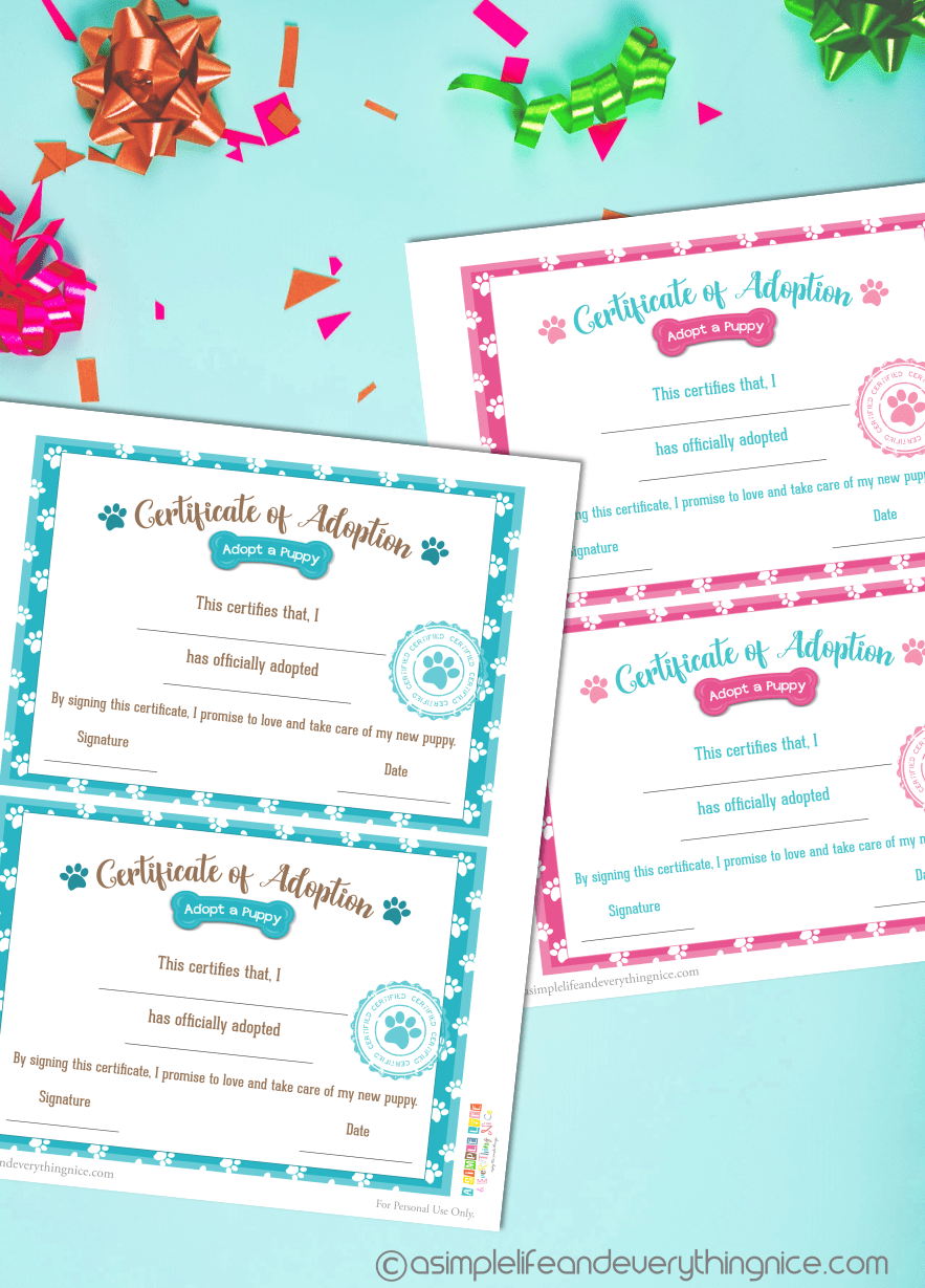 Free Puppy Adoption Certificate And Adopt A Puppy Printable Sign  Throughout Toy Adoption Certificate Template