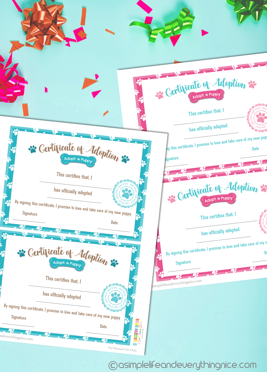 Free Puppy Adoption Certificate and Adopt a Puppy Printable Sign  Throughout Toy Adoption Certificate Template