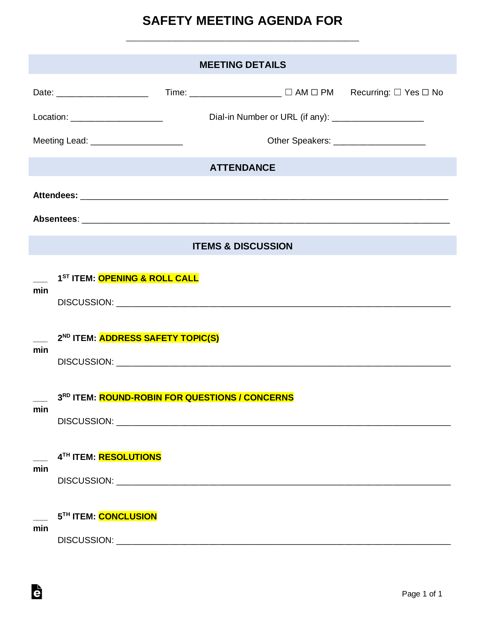 Free Safety Meeting Agenda Template  Sample – PDF  Word – EForms In Health And Safety Board Report Template