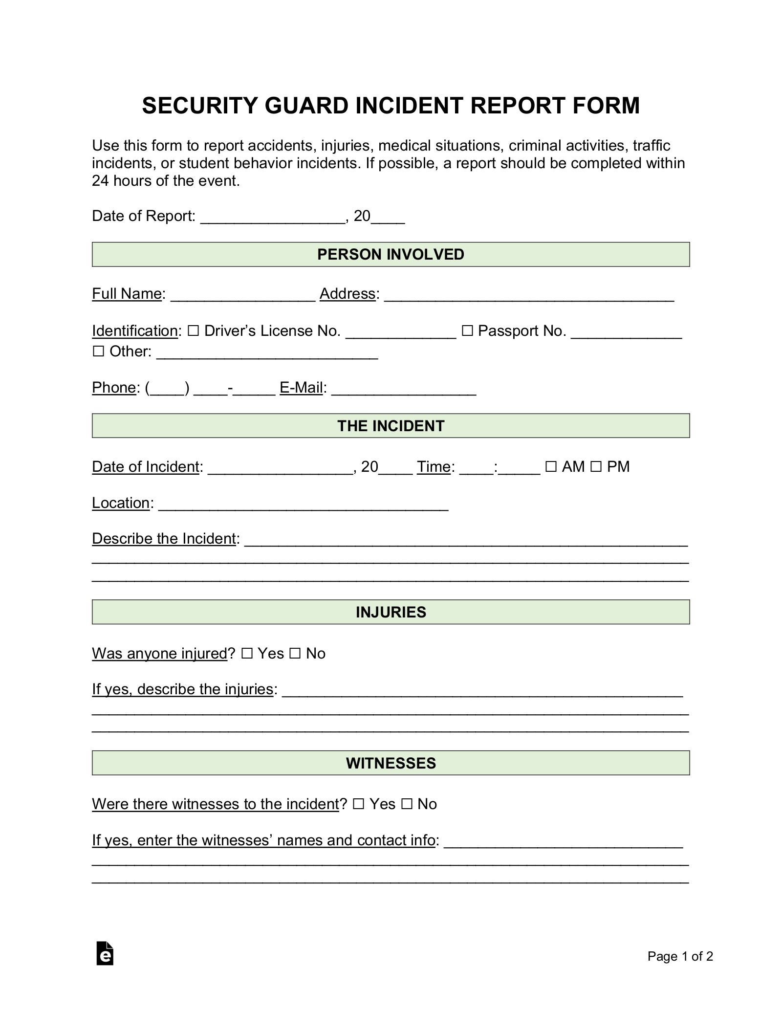Free Security Guard Incident Report Template - Word  PDF – eForms For Physical Security Report Template