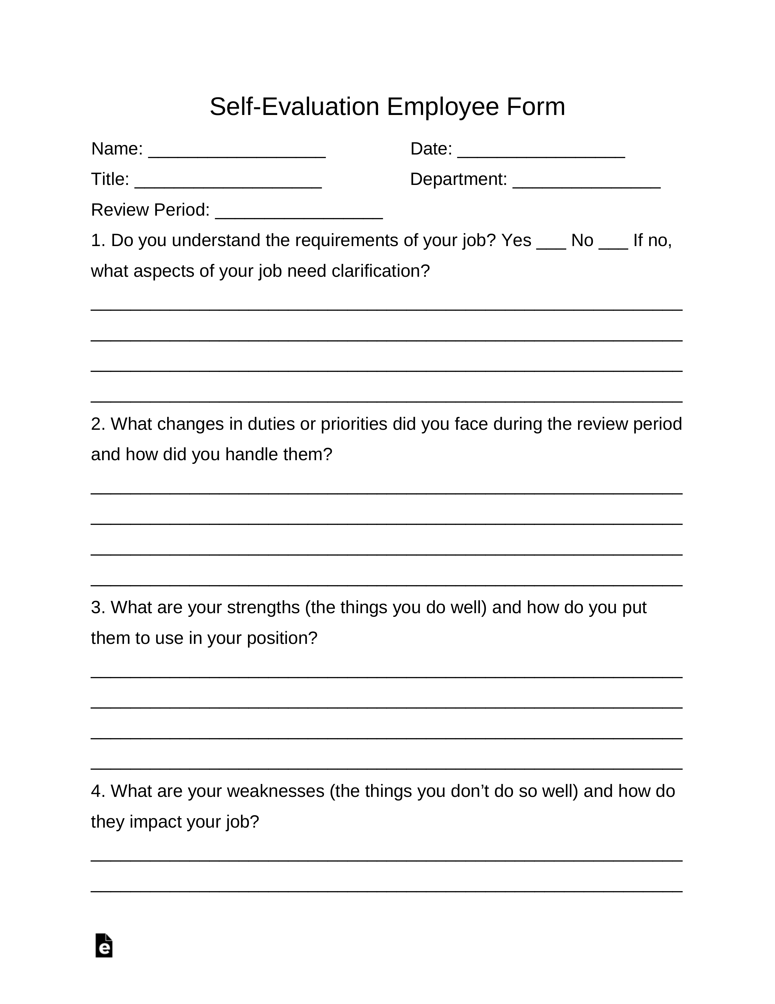 Free Self-Evaluation Employee Form - Word  PDF – eForms With Regard To Blank Evaluation Form Template