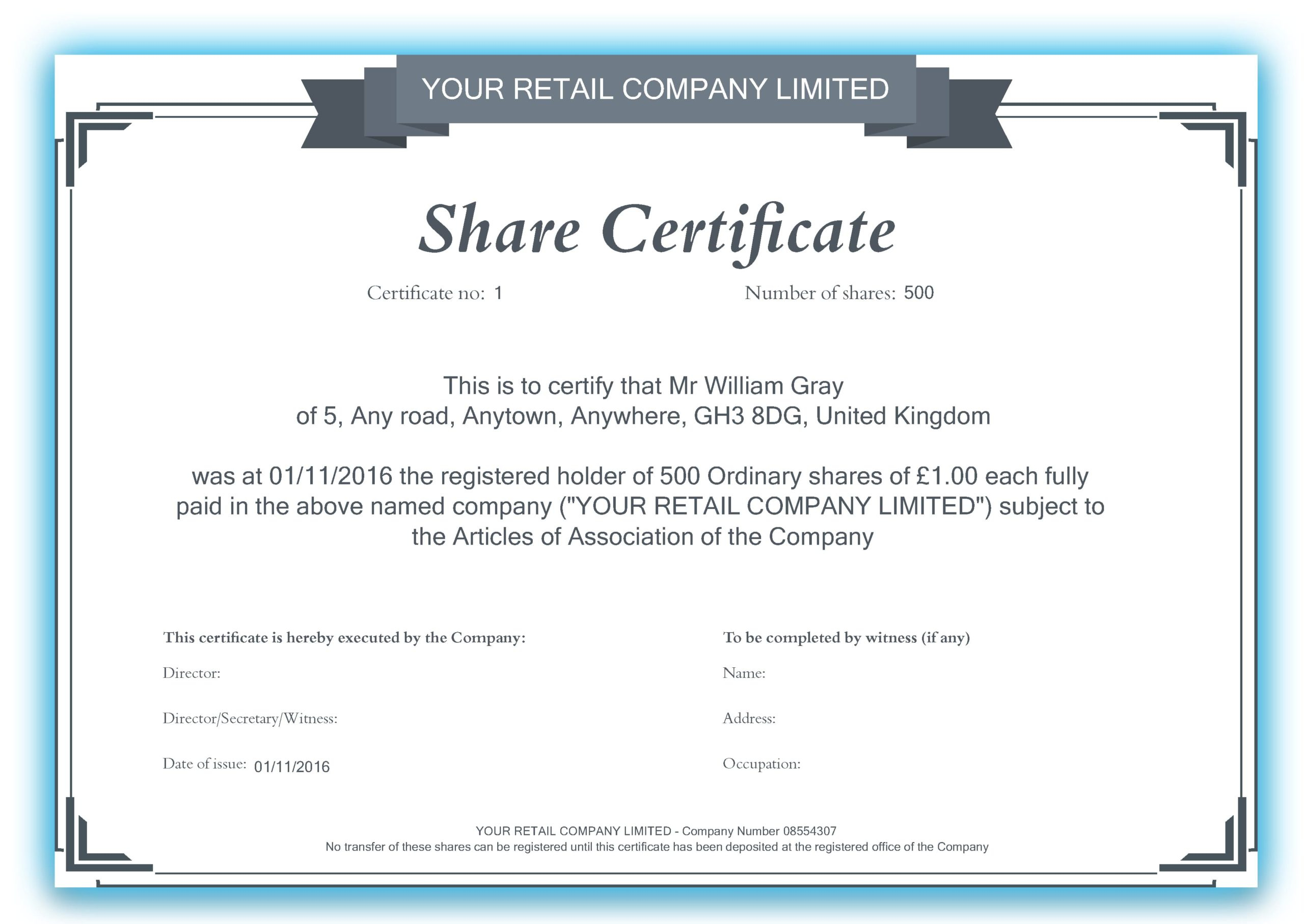 Free Share Certificate Template - Uniwide Formations In Shareholding Certificate Template