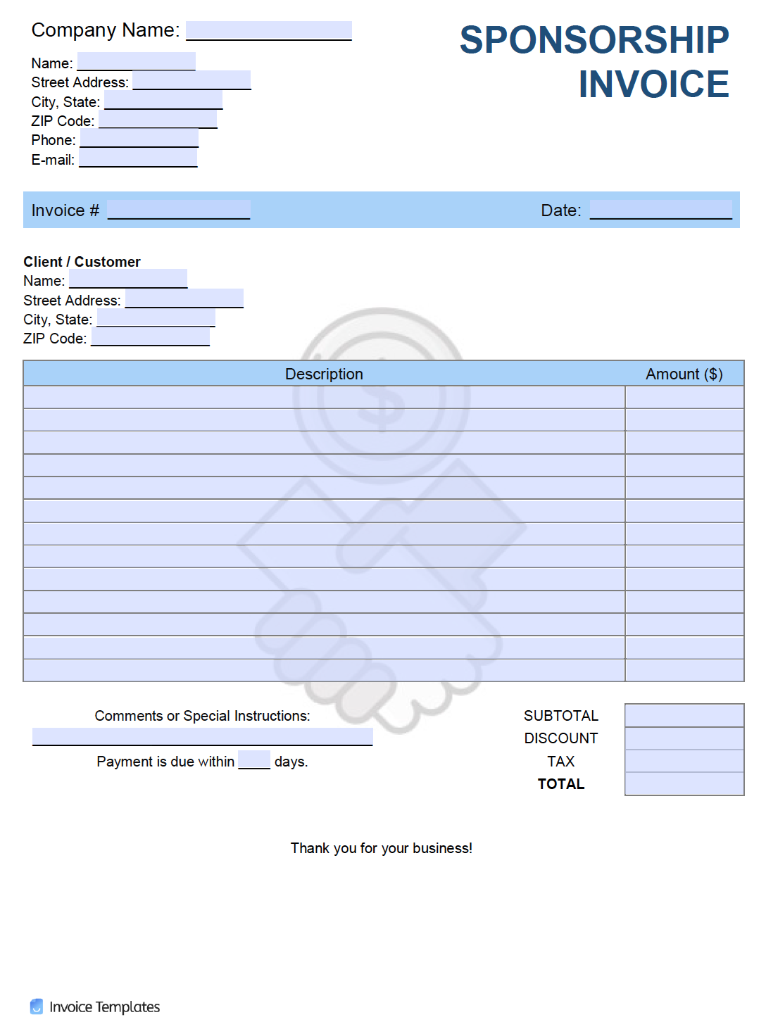 Free Sponsorship Invoice Template  PDF  WORD  EXCEL Intended For Blank Sponsor Form Template Free