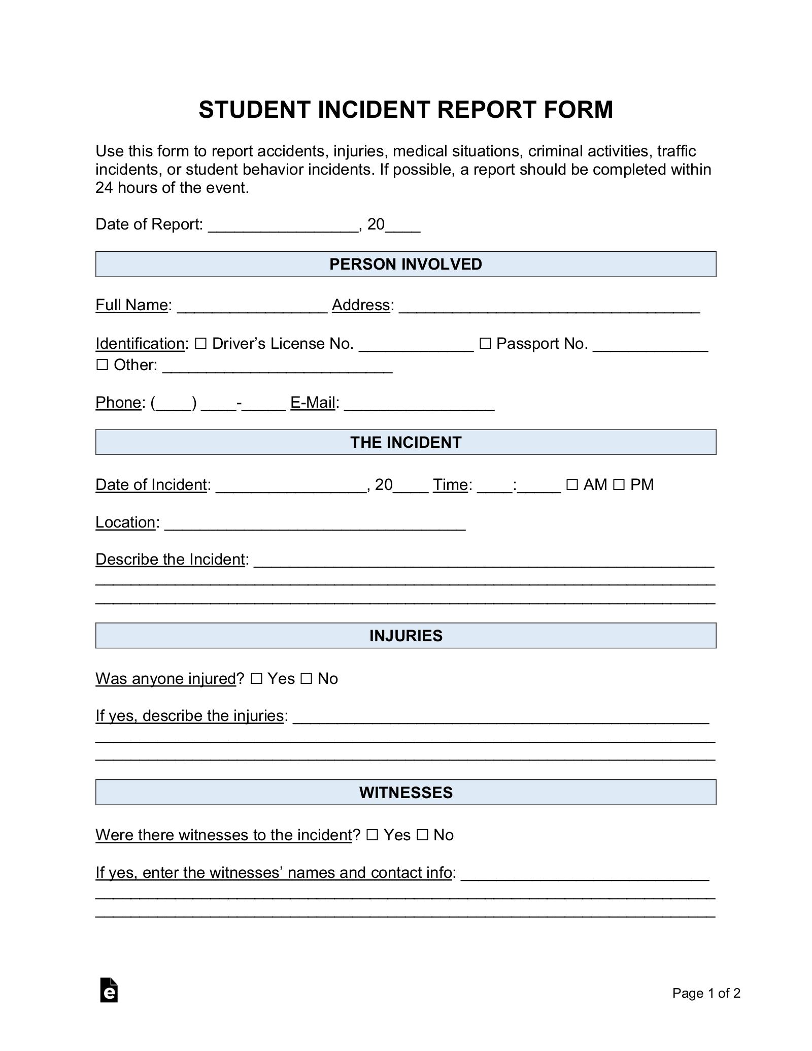 Free Student Incident Report Template - Word  PDF – eForms Intended For School Incident Report Template