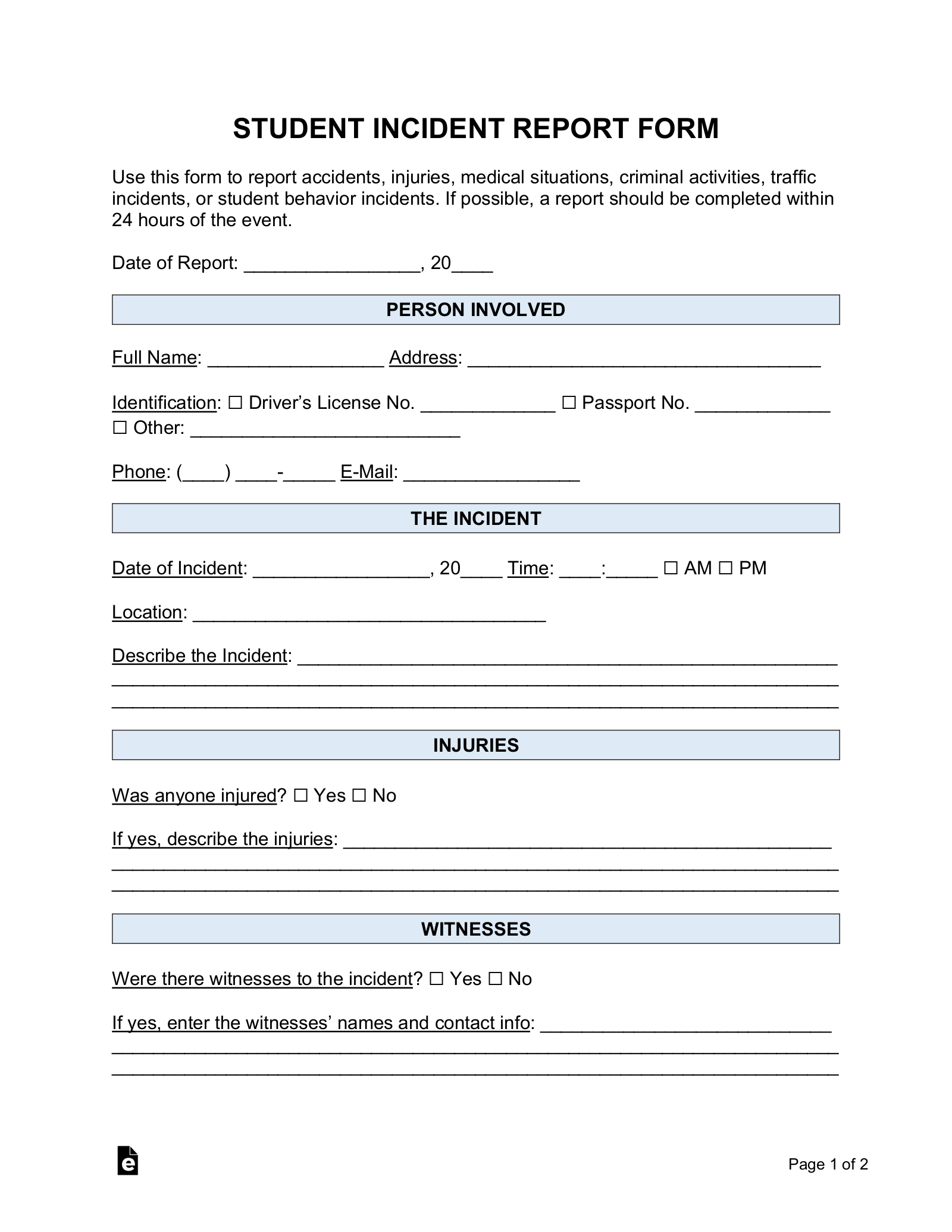 Free Student Incident Report Template – Word  PDF – EForms Intended For School Incident Report Template