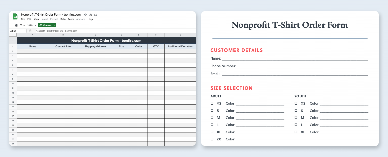 Free T Shirt Order Form Template (Excel, Google Sheets, PDF)  Bonfire In Blank T Shirt Order Form Template