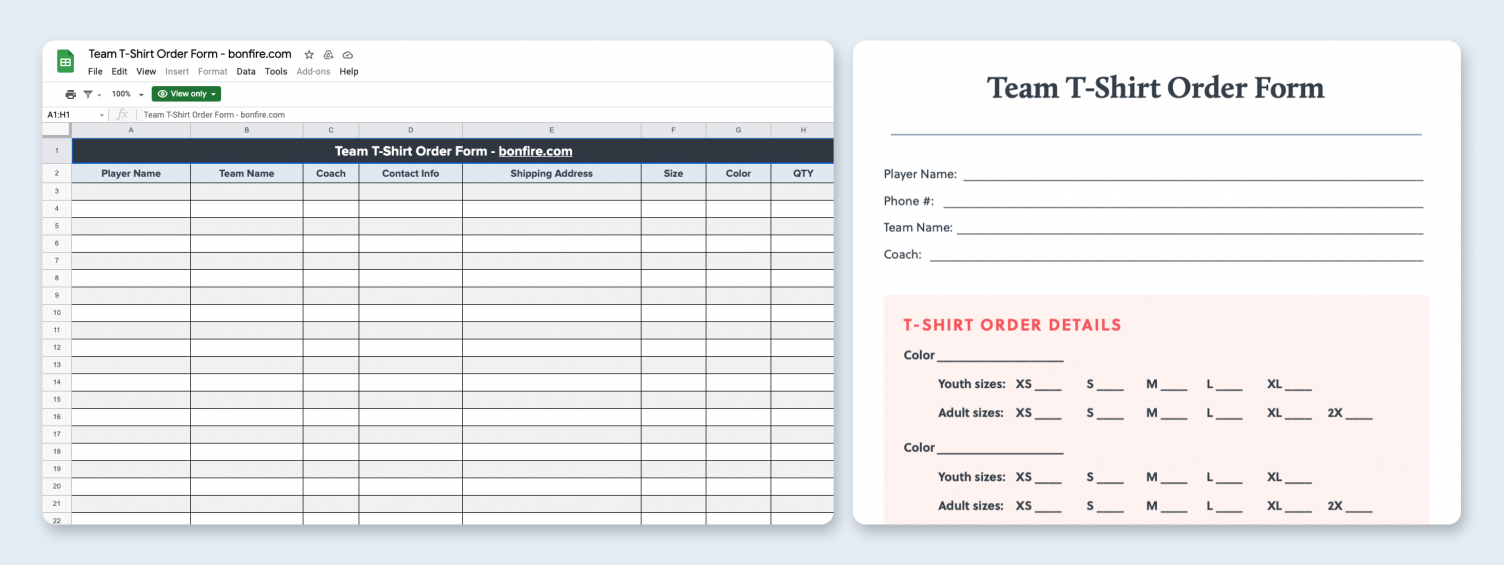 Free T-Shirt Order Form Template (Excel, Google Sheets, PDF)  Bonfire Inside Blank T Shirt Order Form Template
