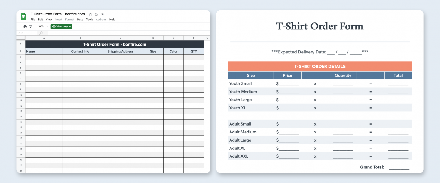 Free T-Shirt Order Form Template (Excel, Google Sheets, PDF)  Bonfire Within Blank T Shirt Order Form Template