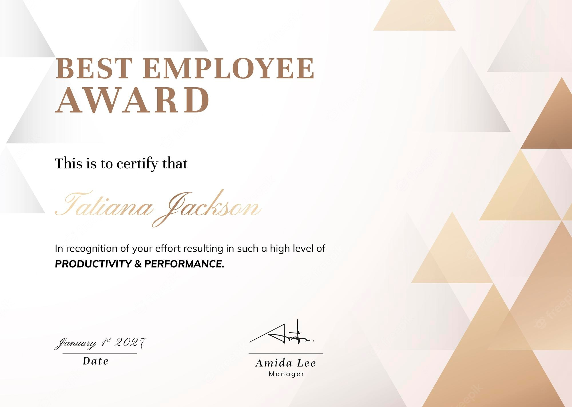 Free Vector  Award certificate template, gold modern design for  Regarding Employee Of The Year Certificate Template Free