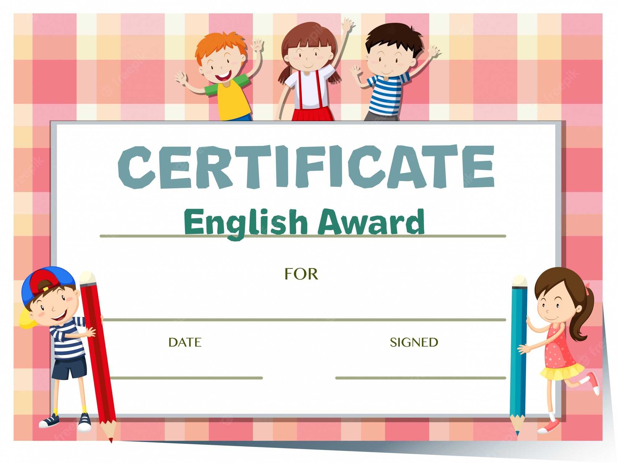 Free Vector  Certificate template for english award with many kids Within Certificate Of Achievement Template For Kids