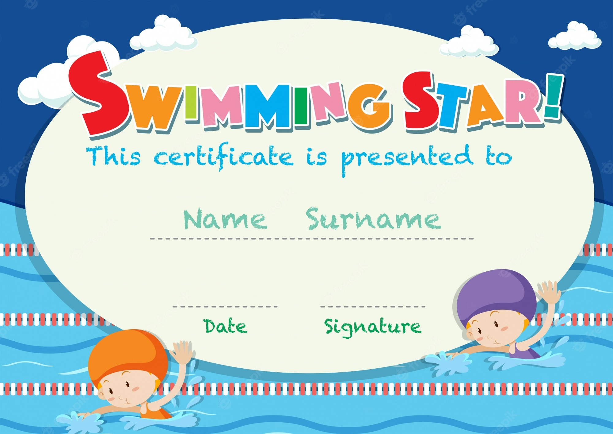 Free Vector  Certificate template with kids swimming In Swimming Award Certificate Template