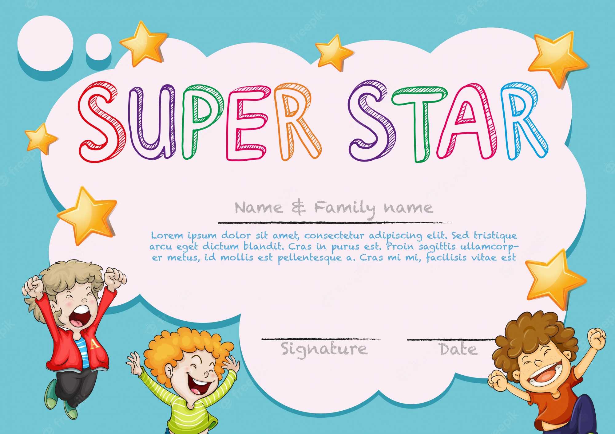 Free Vector  Super star award template with kids in background Inside Star Award Certificate Template