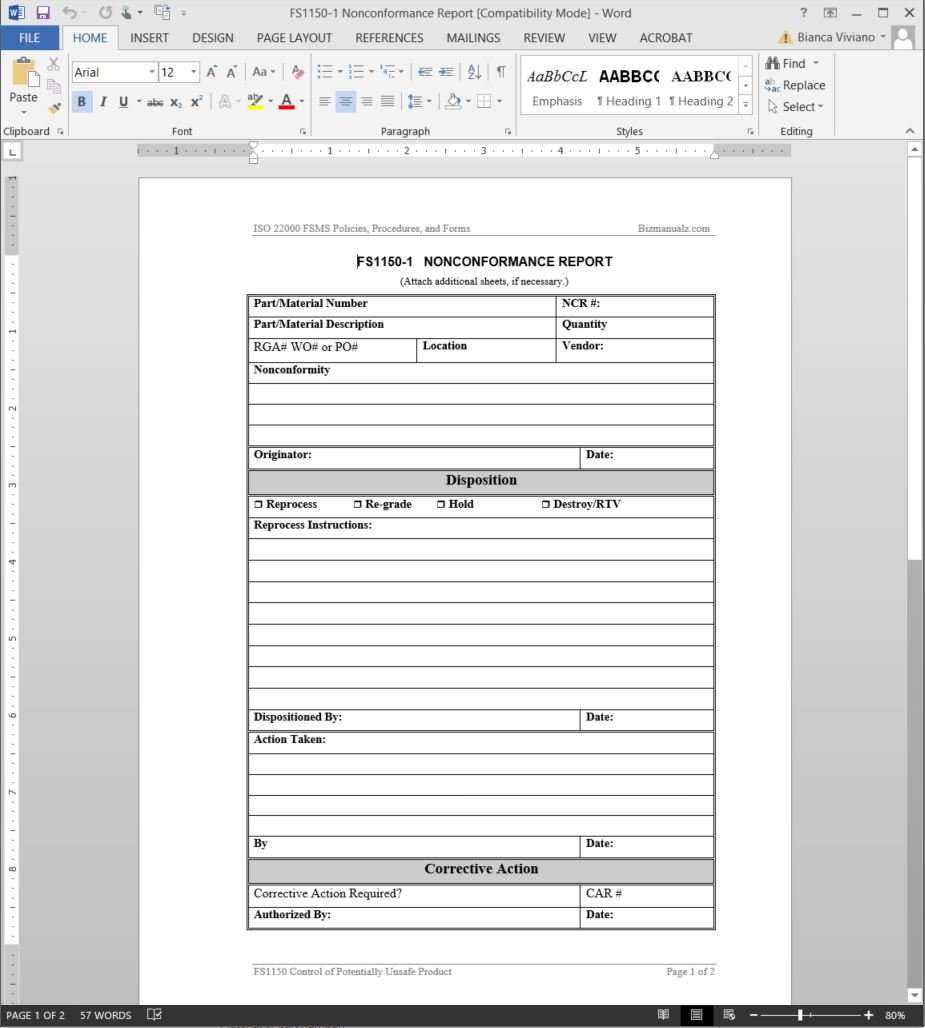 FSMS Nonconformance Report Template In Non Conformance Report Form Template