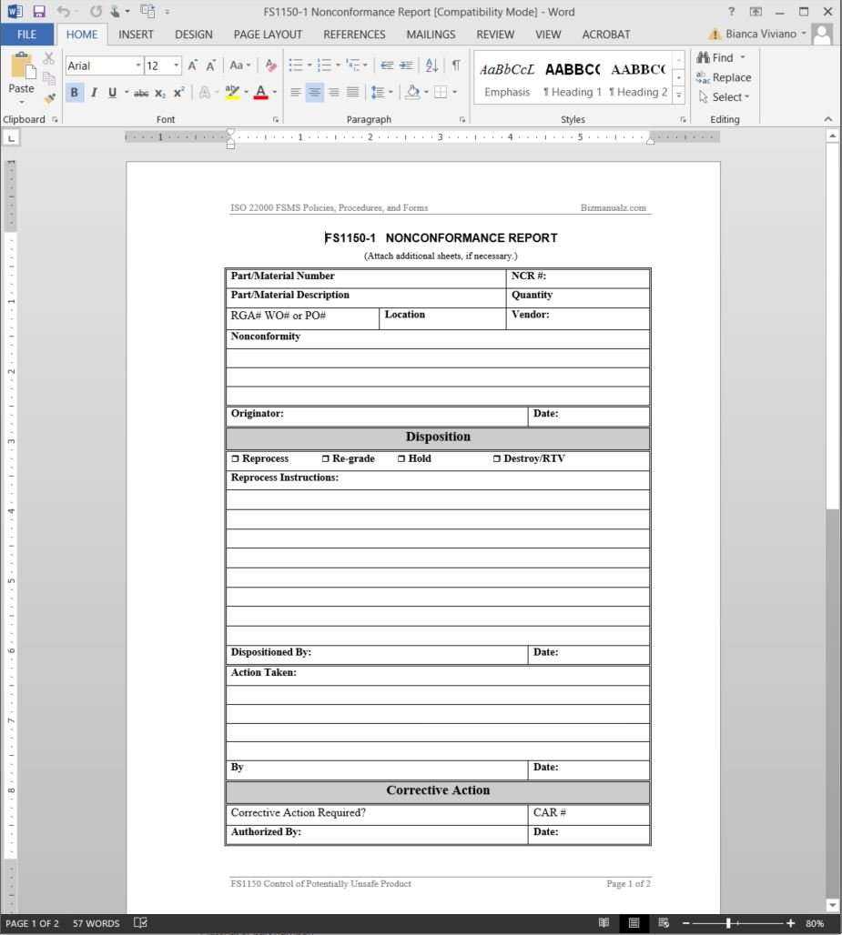 FSMS Nonconformance Report Template