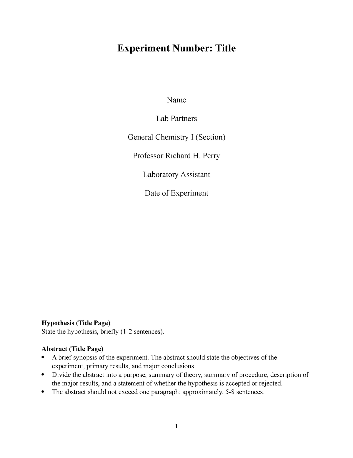 Full Lab Report Template - General Low Level Chemistry Experiment  With Chemistry Lab Report Template