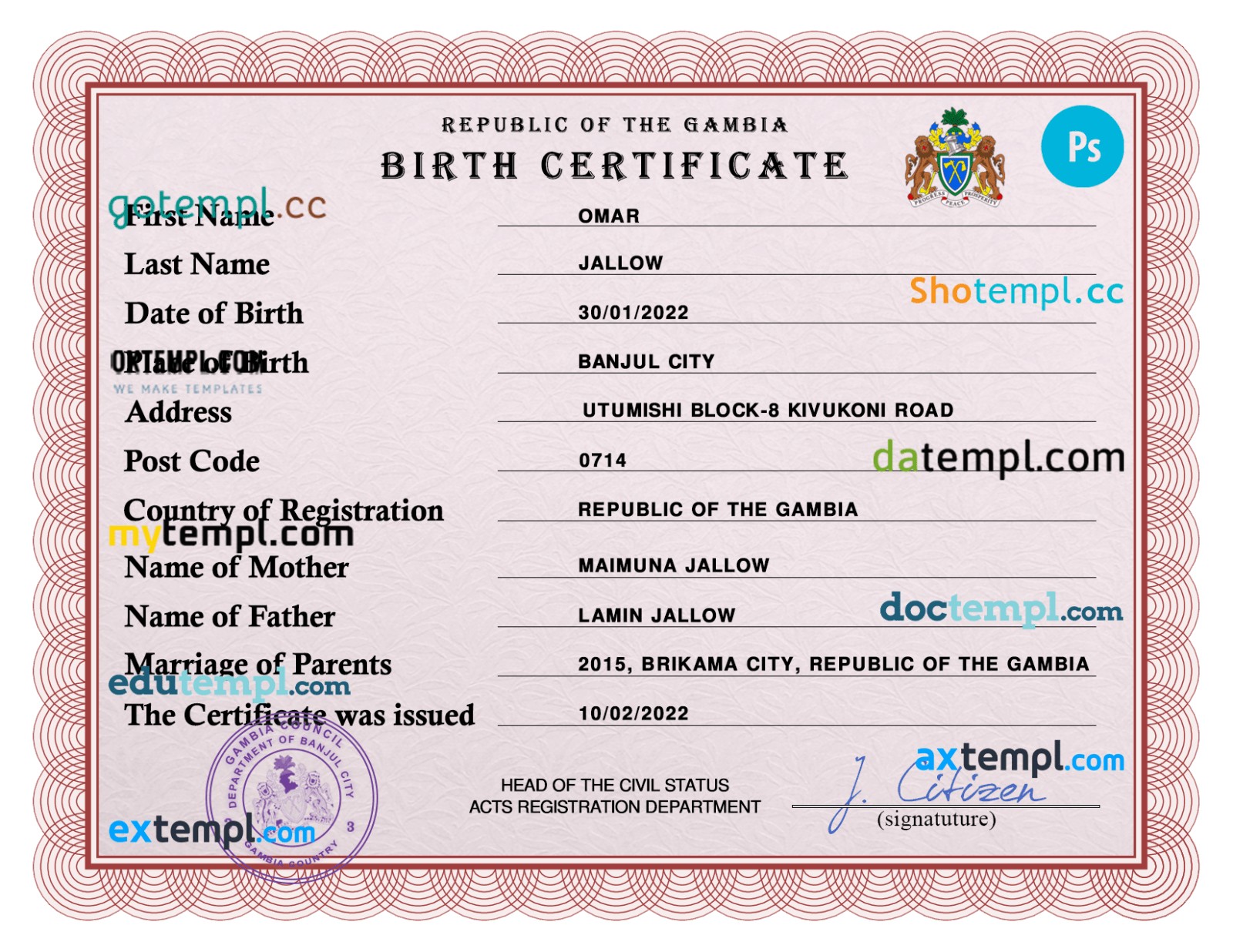Gambia Vital Record Birth Certificate PSD Template, Fully Editable  Within Birth Certificate Templates For Word