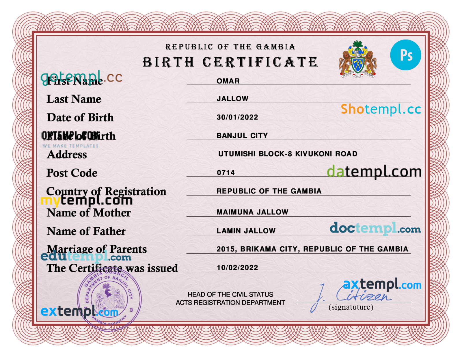 Gambia vital record birth certificate PSD template, fully editable  Within Birth Certificate Templates For Word