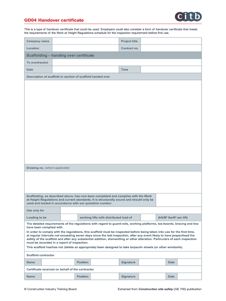 GD10 Handover certificate - CITB: Fill out & sign online  DocHub Regarding Handover Certificate Template