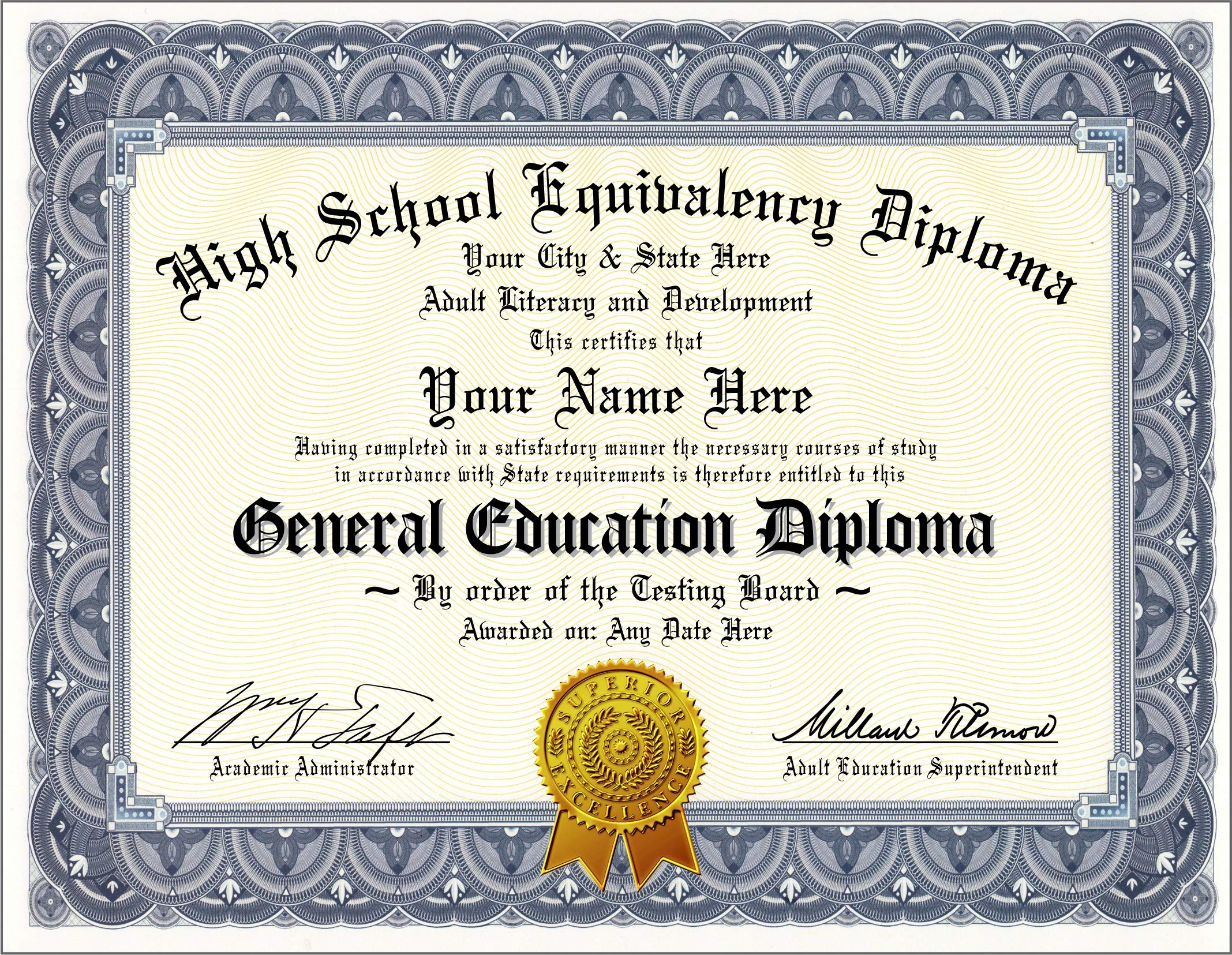 GED Diploma (General Education Diploma) Novelty High School Equivalency  Diploma - Looks Real! - Personalized With Your Info - FREE DIPLOMA FOLDER   For Ged Certificate Template