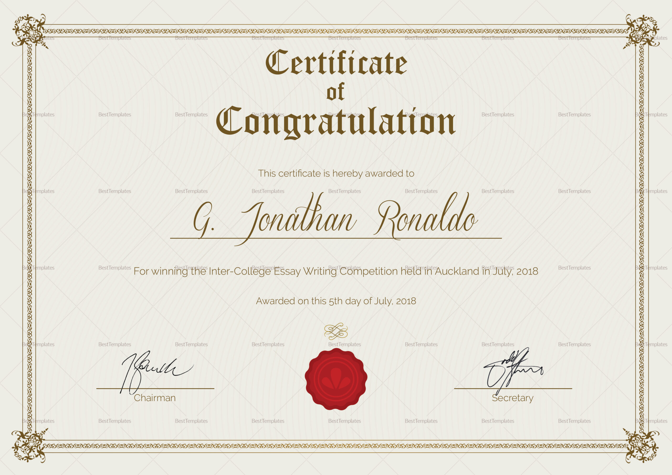General Format Congratulations Certificate Design Template in PSD  With Congratulations Certificate Word Template