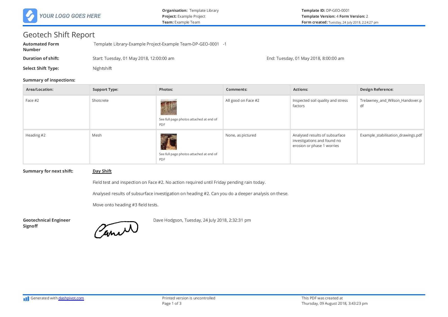 Geotech Shift Report template: Use this geotech shift report  Throughout Shift Report Template