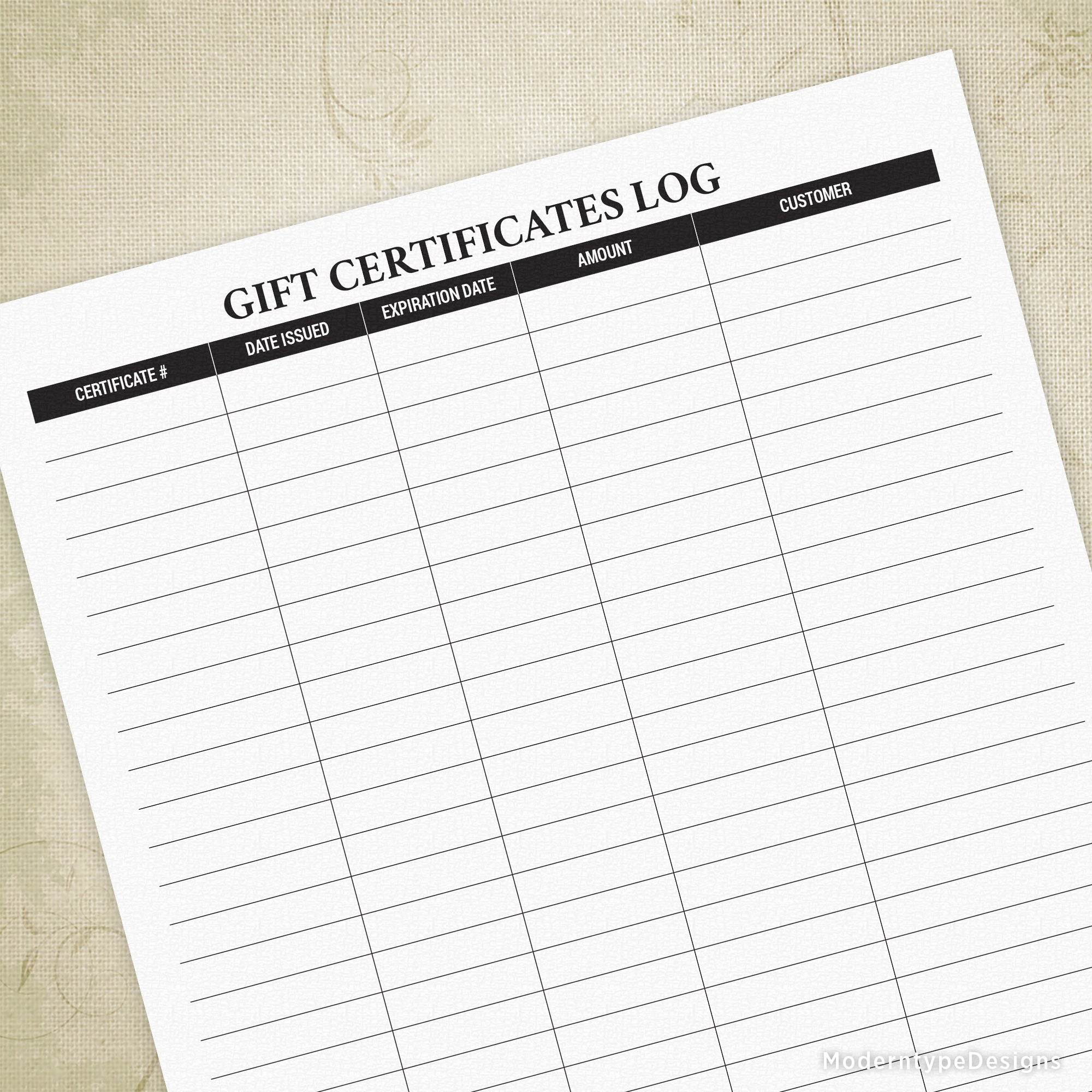 Gift Certificates Log Printable Intended For Gift Certificate Log Template
