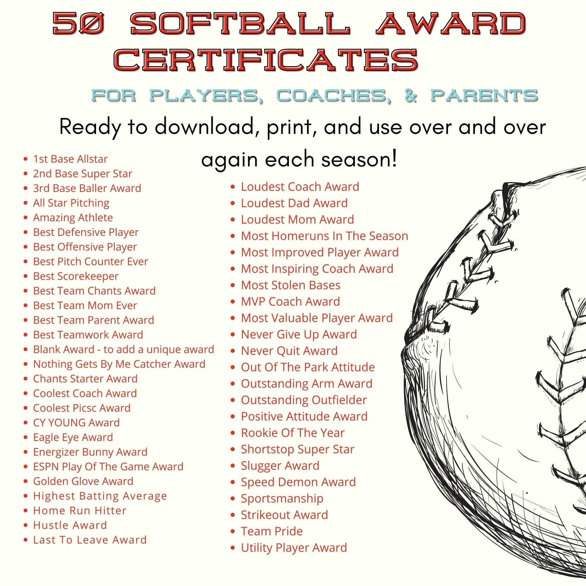 Girls Softball Team Award Certificates For Team Moms Coaches – Etsy