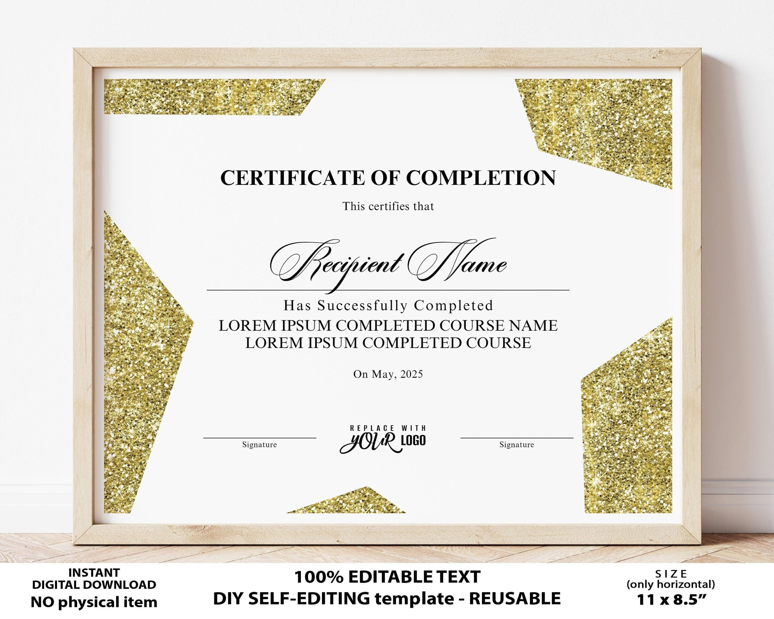 Gold Completion Certificate Template Editable Luxury - Etsy