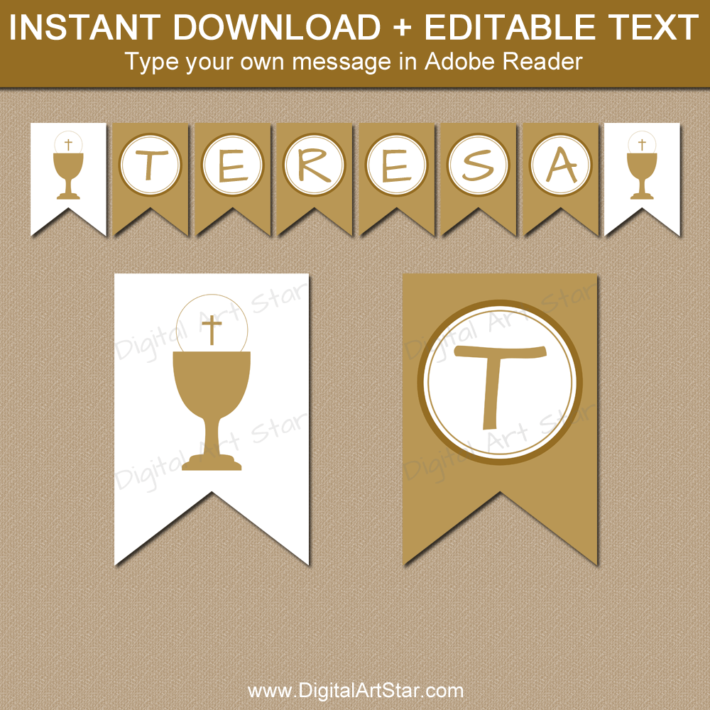 Gold First Holy Communion Banner Printable Template Intended For Free Printable First Communion Banner Templates